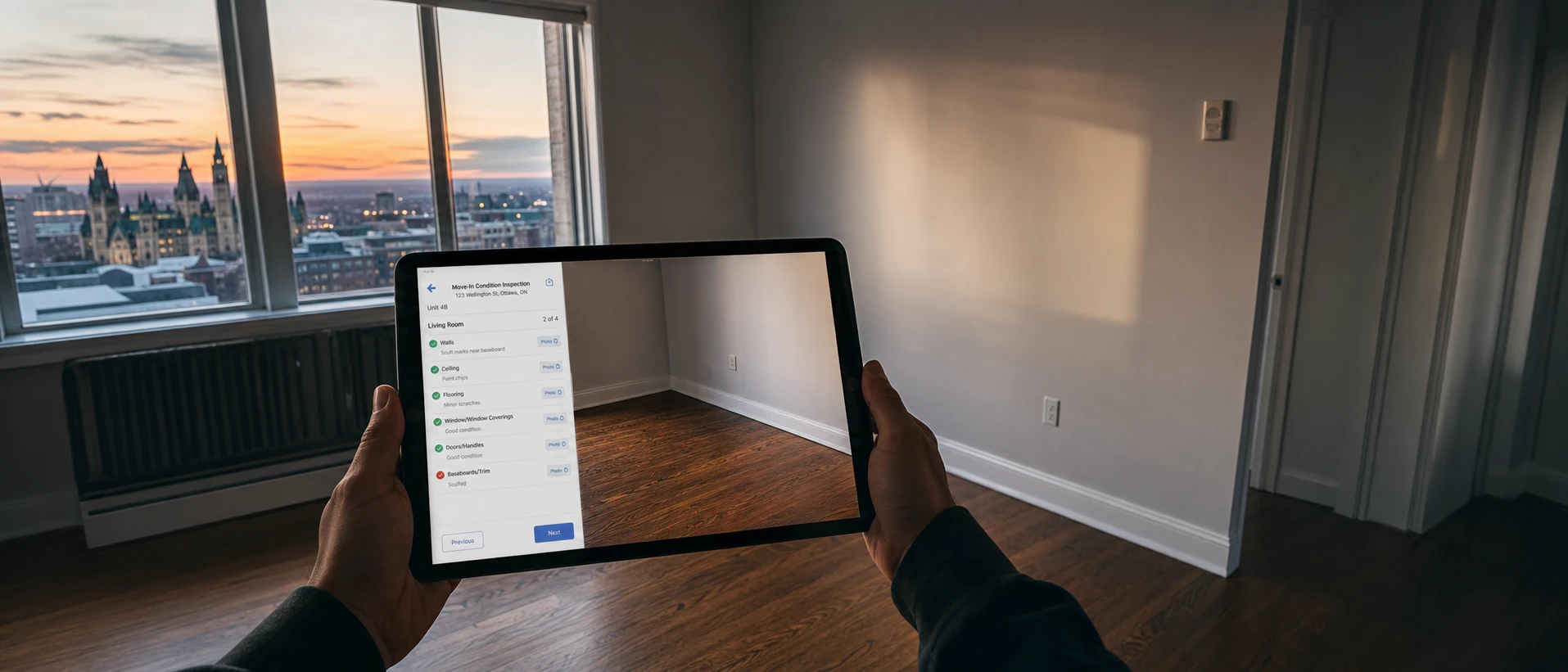 Move-in inspection with date-stamped condition report photos in Ottawa rental